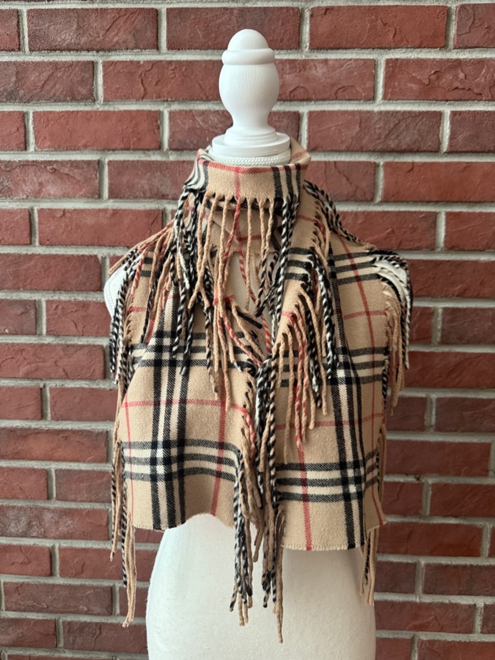 Burberry Cashmere Nova Check Classic Beige Plaid Fringed Scarf 16”x52”